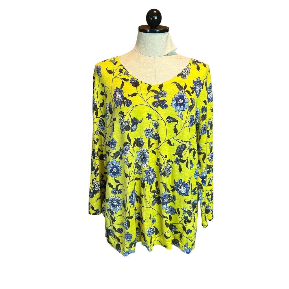Talbots Womens XL Sweater Yellow Blue‎ Floral Botanical Long Sleeve Knit Top